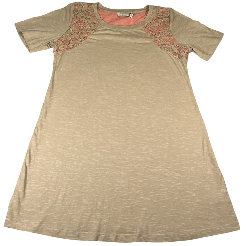 LOGO Lori Goldstein Tan Lace Shoulder‎ Tunic Top XS Short Sleeve Boho